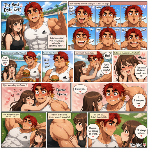 A Full page Anime Comic book story about of a masculine and Bulky ANIME Cute Bara Man American 20 year old with a ROUND and BASIC facial structure and TENAGE BARA CUTE MALE not to detailed With bigger than average Pecs that are visible through the shirt and Biceps and a big Bandaid on his nose and Left Cheek and Right Eye brow. Wearing a no piercings Baggy White Adidas Sleeveless Shirt and Shorts and Red Hair and Bright Orange Hair Tips and Strait with brown eyes and black eyebrows. At the Pool on a Romantic date and makes more funny faces just to see her laugh. They eat and he eats with puffy cheeks and she pinches his cheeks and she had CUTENESS AGGRESSION for him. And then She Hugs Him like a Teddy Bear and He and Saying I love you blushes Hard. And then go to open grass and look at the Scars