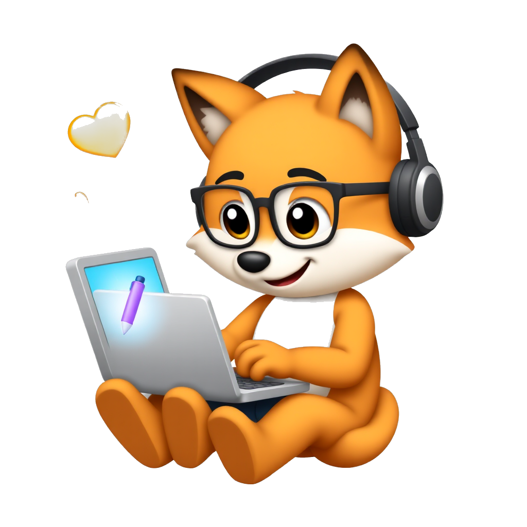 A playful orange fox character wearing headphones and glasses, typing on a small laptop. The laptop screen shows a glowing pen icon, symbolizing content creation. Around the fox, there are small glowing emojis like a “thumbs up,” a “heart,” and a “comment bubble.”