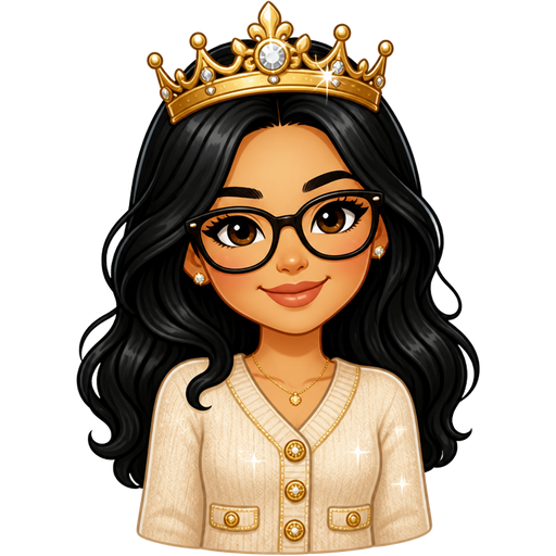 light tan woman with black hair and glasses wearing a fancy buttoned cardigan little bit sparkles wearing a crown
