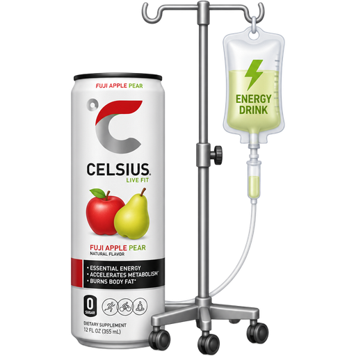 A can of Celsius Fuji Apple Pear flavor, with a yellow/green pear next to an apple on the label. The Celsius can is next to an energy drink IV pole.