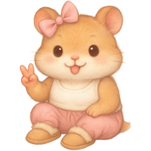 Hamster with a light pink bow on its head, holding up two fingers with its tongue sticking out With Ugg slippers and pink sweatpants with a white tank top