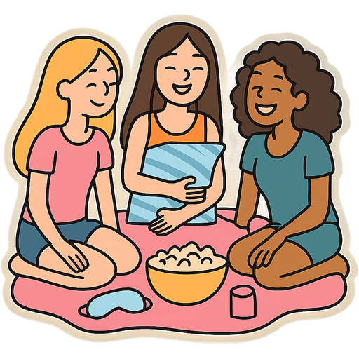 A sleepover with 3 girls one blond one brown long hair and one brown curly hair the two brown hair ones have boobs and the blond one is skinny they are all white