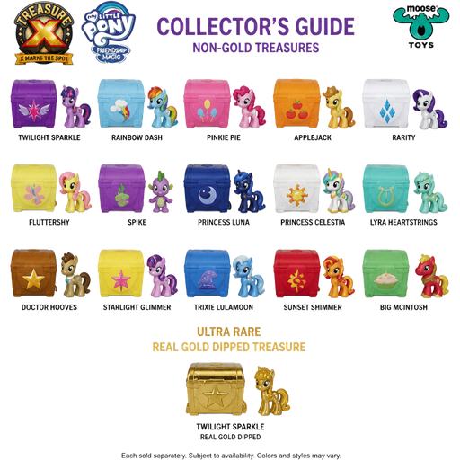 moose toys treasure x my little pony friendship is magic collectors guide non-gold-treasures with names and characters with names and ultra rare real gold dipped treasure