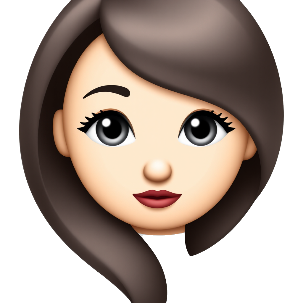 classic female emoji with long dark brown hair and greyish teal eyes, long eyelashes and pretty darker pink lips and a small pixie-like face