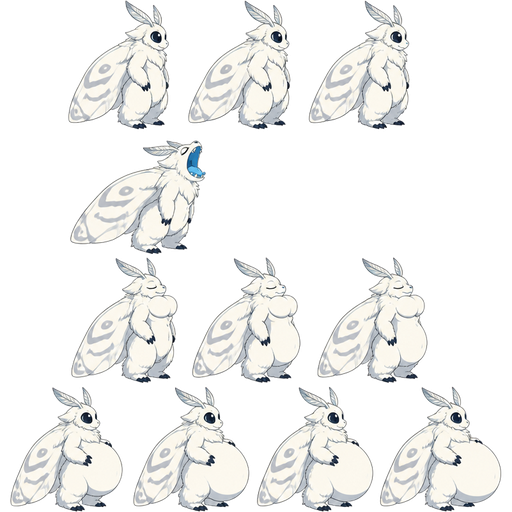 (1 giant snow moth furry idle 3 three sprites side view) (2 giant snow moth furry side view with a blue mouth open wide side view)(3 giant snow moth furry side view with a blue mouth closed and eyes closed and thorax bulge 3 sprites side view) (4 giant snow moth furry with full tummy mouth closed 4 sprites side view) games sprites (cute cartoon clipart style)