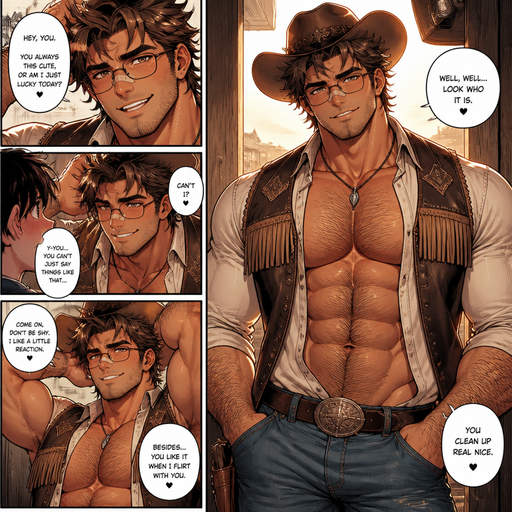A REALISTIC AND LIFELIKE ANIME Comic Book story view of a Bulky but Muscular ANIME Cute Bara Man With Peach toned skin Who looks Normal and a HUGE and MASCULINE facial structure With Puffy and Big Pecs that are visible through the shirt and Biceps and Bandaid on his nose and Brown Spiky hair and His Hair Curls At the tip of strands. Wearing with a Cowboy Outfit with glasses, and Looks Really cute in it and Likes his Hairy body. And unbottens his shirt all the way and Puts his hands in his pocket and flirts with His Crush