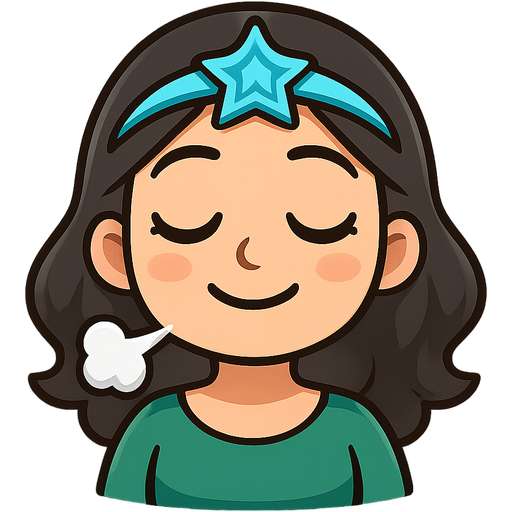 cute magical mom emoji, relaxed shoulders, soft exhale expression, tiny sigh cloud, peaceful smile, very expressive, light beige skin, dark hair, grey-blue eyes, deep green and sky blue accents, soft red touches, gentle yellow sparkles, magical calm glow, transparent background, emoji style
