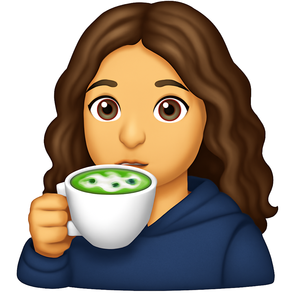 Make a beautiful white girl with brown wavy hair and brown eyes wearing navy blue hoodie and drinking matcha latte