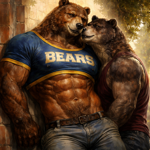 A Full Body Image of a Bulky, Hugely Muscular Bara Grizzly Bear with a brown eyes and Big Arms and Big Pecs with a Tall Grotesque wrestler’s body. Wearing a school Spirit Shirt that is Short around the Waist when he stretch’s. Leaning on the Wall. And his Boyfriend Leaning close.