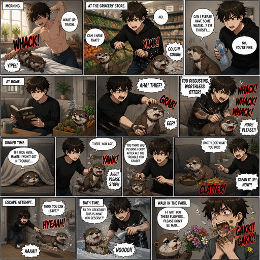 Waking up in the morning on a Sunny day and no cin pajamas and his pet otter but Excessively bully’s it. in the grocery store and the Otter wants a piece of produce, but he yanks the leash and the Otter coughs up Saliva and the otter asks if he can some drink water from his water bottle, but he’s says no and gets dehydrated. But They go to the house he sits down and reads a book and can see the otter trying to secretly nibbles on some vegetables he bought so he Excessively bullies him. Then later the otter and hides under his covers wanting to be unnoticed for dinner but it doesn’t work and the otter gets bullied while he is cooking and then the otter tries to Eat food but spills it on the couch and he gets disciplined. And hides under his Doggy bed after tries to escape the apartment and thrown at the fridge still holding his legs. And then the otter doesn’t have a fun time taking a bath cause he is getting bullied and he responds by getting flowers from the park from there walk in his throat