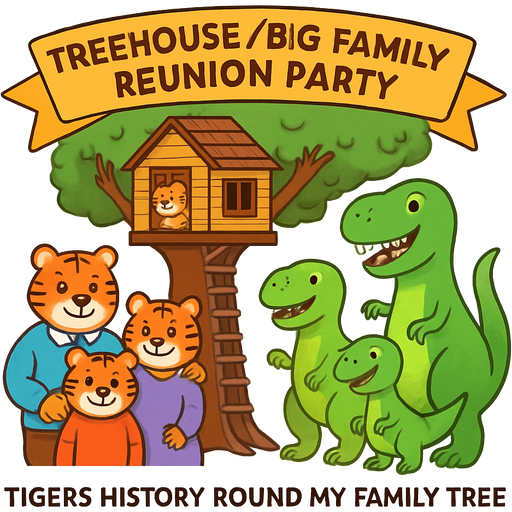 Grandfather Tiger Family and Tyrannosaurus Rex Dinosaurs family, “Treehouse/Big Family Reunion Party”, “Tigers History Round My Family Tree”