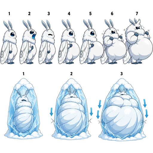 (1 giant snow moth furry idle side view) (2 giant snow moth furry side view with a blue mouth open wide side view)(3 giant snow moth furry side view with a blue mouth closed and eyes closed side view) (4 giant snow moth furry full belly mouth closed side view)(5 giant snow moth furry full belly bulging side view)(6 giant snow moth furry full belly bulging and buffing up side view) (7 giant snow moth furry full belly buffing up and bulges side view) (1 ice snow frozen cocoon)(2 ice snow frozen cocoon bulging with buffing down) (3 ice snow frozen slikworm cocoon bulging tightly with buffing down bulges tightly)games sprites (cute cartoon clipart style)