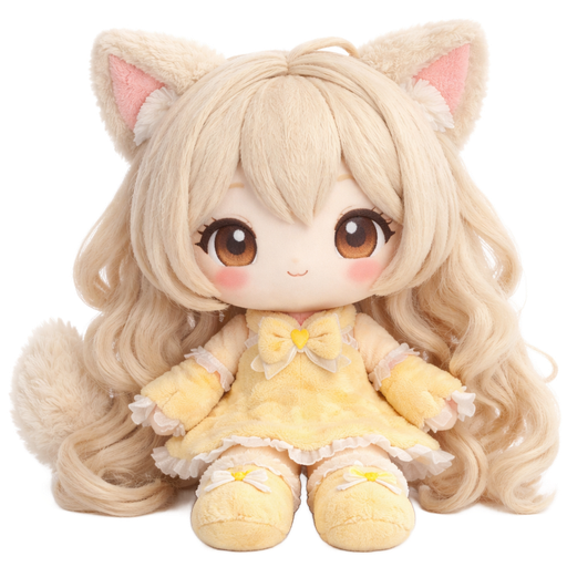 Emoji-style 3D render of a plush version of my original character, soft stuffed animal appearance, fuzzy fabric texture, visible stitching seams, embroidered eyes with a gentle expression, long wavy light-blonde plush hair, animal ears and tail made of soft fabric, pastel yellow dress recreated in plush fabric, fingerless gloves and leg warmers made of cloth, chunky rounded cuddly proportions, cozy plush aesthetic, soft matte lighting, clean white background, looks like a plush toy, not vinyl or plastic