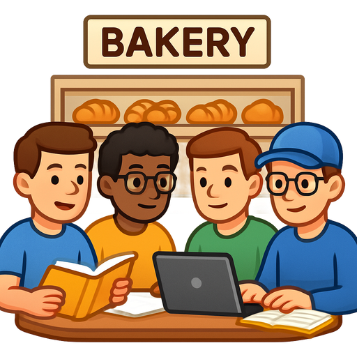 Four guys at a bakery studying: one with light to medium skin tone with brown hair, one with tan to dark skin tone and glasses and dark curly hair, one with light skin tone and brown hair on his computer, and one with light skin tone with cap and glasses