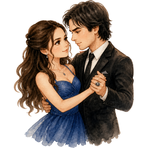 Elena Gilbert from vampire diaries while she danced with Damon Salvatore in her blue dress for miss mystic falls