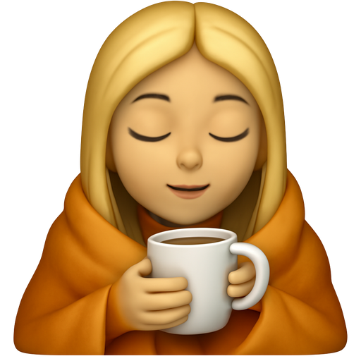 Cozy girl emoji wrapped in a blanket, holding a white coffee mug, eyes closed, peaceful expression, medium-light skin tone, long straight blonde hair