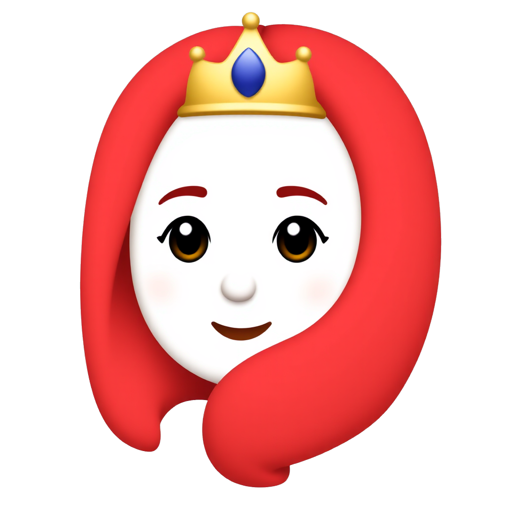 Create an emoji-style queen with bright red, long, straight hair, a small crown, and a simple, clean face with soft features. The design should resemble the classic princess emoji 👸🏻, with the same rounded, playful style, but with red straight hair instead of black.