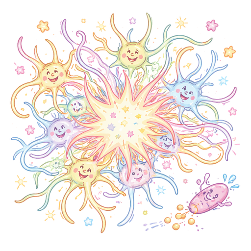 Doodle a wild neuron explosion anywhere on your Brain Playground Map or notebook. • Make the neurons spaghetti-like, wiggly, overlapping, with sparks, stars, or funny faces. • Bonus: draw a neurotransmitter trying to escape the explosion.