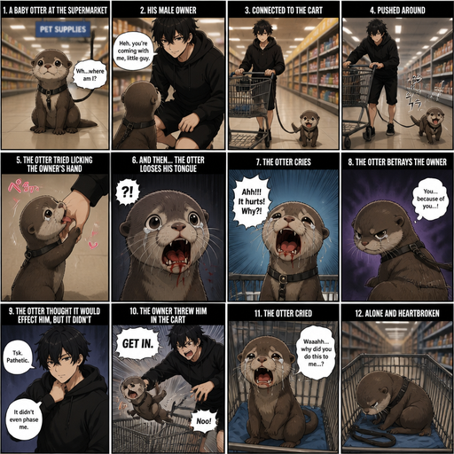 A comic book Picture by picture and shows impact of a A baby otter at the supper market connected to the cart and his male Cute and Handsome wearing a Black Hoodie and Shorts owner the owner pushes him around and Thebotter tried licking the owner’s hand and then the otter looses his tongue and cries and the otter betrays the owner but the otter though it would effect the otter but it didn’t and the owner threw him in the cart and then the Otter cried