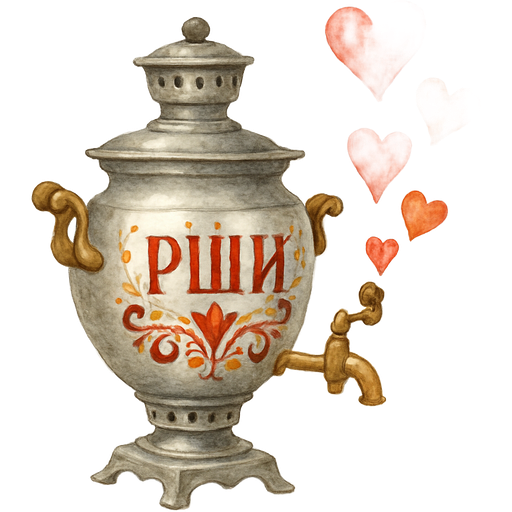 Серебряный самовар закипает, на самоваре написано РШИ с русскими узорами, из носика вылетают сердечки