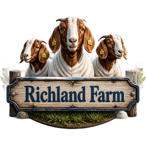Make me a farm logo with Boer market goats in the front and blue silos in the background and a sign in the front saying Richland Farm