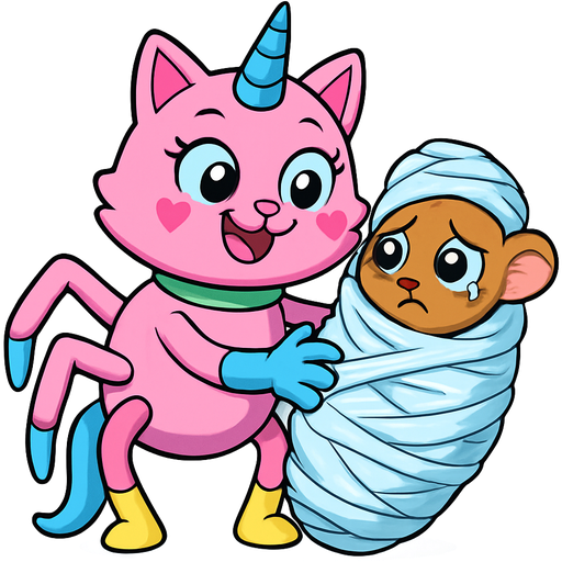 giant pink cat spider hybrid with blue unicorn horn green collar blue eyes with eyelashes heart shaped cheeks white wrists blue hands white ankles yellow feet blue tail and with white stripe happy hugging #B8FFFF cocoon slikworm cocooned pod brown mouse worried and teary eyes completely covered with #B8FFFF huge coating of #B8FFFF spider slik and huge #B8FFFF spider slik wrappings and huge #B8FFFF spider slik webbing wrappings cocoon #B8FFFF