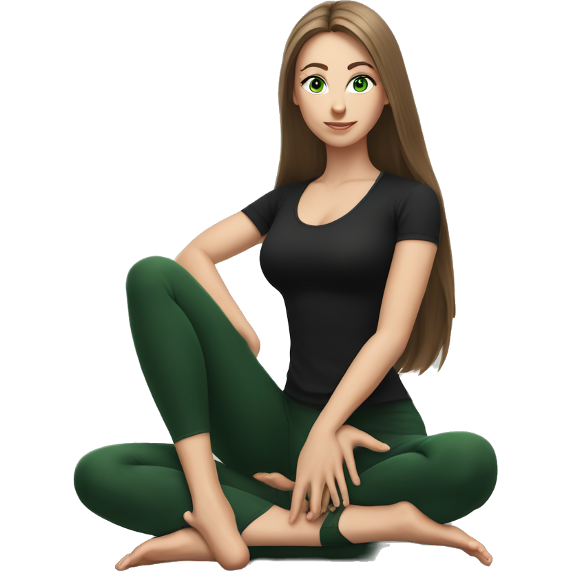 Beautiful white girl with perfect dark brown long straight amazing hair and green eyes sitting in yoga pose with black outfit (short sleeve top)