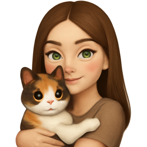 Adult white girl with green eyes, and brown straight hair hugs a three-colored kitten with a pink nose