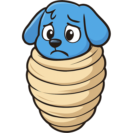 anthro blue puppy worried completely covered with very huge coating of slik and very huge slik wrappings cocoon with no legs clipart cartoon style