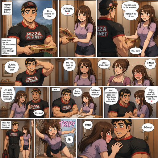 A Full page Anime Comic book story about of a Bulky and less shredded or muscular ANIME CUTE Bara American 20 year old with a ROUND and BASIC facial structure and Young Adult BARA that is Peach Toned skin not anything else MALE not to detailed With bigger than average Pecs that are visible through the shirt and Chunky, beefy and Bulky Biceps and biceps. Wearing a Baggy Pizza Delivery outfit with Tight waist and drenched in sweat and Short and Black fluffy hair with Blond bright hair tips and Strait with brown eyes and black eyebrows and with a slim waist not broad shoulders. With no Facial Hair. As Pizza delivery guy delivery to his crush and she says thank you and she lets him come inside and her mom asks who he is and she oh you must be David and she goes oh your crush and the daughter gets embarrassed. And she says let go to my room so you can help on homework they go into her room and they get to now each other and when her mom is gone the walk out of the room and she trips on his foot and falls and she lands face forward to him.
