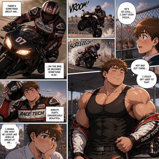 An Anime Comic book story Bulky and Muscular and big ANIME Cute Bara Man Who looks Normal and American High schooler build and not to grown up with a round facial Structure and Basic facial structure With Puffy and Big Pecs that are visible through the shirt and Biceps and Bandaid on his nose. Wearing a Race car jacket and Pants on a Motorcycle with a helmet. Showing his motorcycle driving skills And Hie and Gets off Sweaty and Dreamy and Hot taking off his helmet. And Took off his jacket leaving on a black tank top that makes his Arms and Chest look big and Buff. With his crush watching