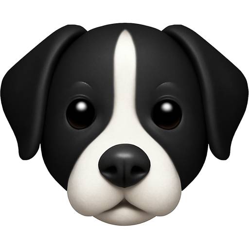A dog with black fur, a black nose, a white stripe of fur down the middle of the face, and a white muzzle.