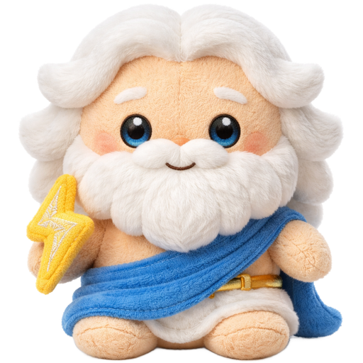 Emoji-style 3D render of a plush version of Zeus, stuffed animal appearance, soft fuzzy fabric texture, embroidered eyes, fluffy white plush beard and hair, royal blue toga made of fabric, small plush lightning bolt accessory, rounded cuddly proportions, visible stitching seams, cozy plush aesthetic, clean white background, no plastic, no vinyl