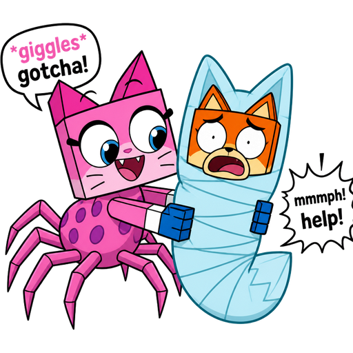 comic pink cat white wrists blue hands drider hybrid grabs the orange fox and wraps around orange fox into a non-transparent light cyan cocoon shaped like fox the non-transparent light cyan cocoon shaped like fox muffled screams for help mmmph! next to pink cat white wrists blue hands drider hybrid giggling saying *giggles* gotcha! unikitty style