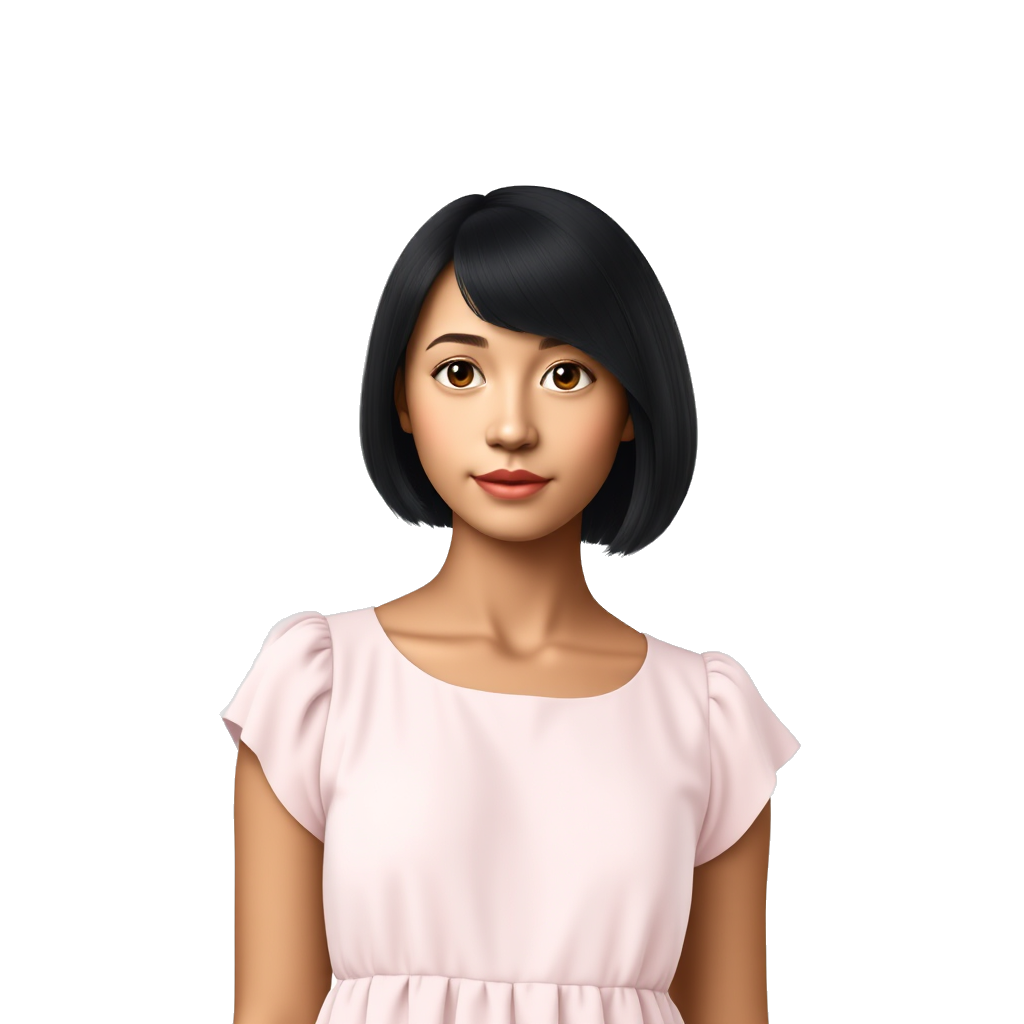 light brown skin, black shoulder length hair with layers, 19 year old girl, brown eyes, pastel pink dress 🧍🏻♀️