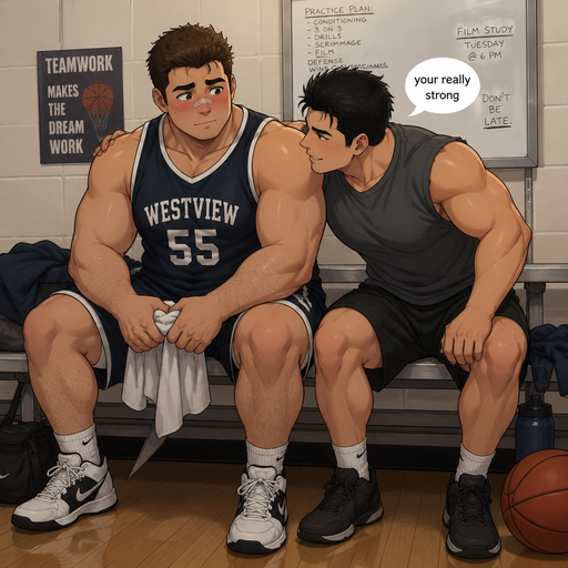 A Real life Full Body view of a Chunky Small but Muscular and more Muscle than Fat ANIME Cute Bara Man Who looks Normal and American with a round facial Structure and Basic facial structure With Puffy and Big Pecs that are visible through the shirt and Biceps and Bandaid on his nose. Wearing a Tight Basketball. Sitting on bench after practice with his crush right next to him. Blushing and looking away. With his crush really close to him saying “your really strong”