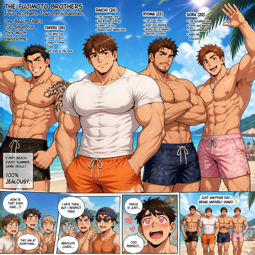 A Full Body Comic Book story view of a Bulky but Muscular ANIME Cute Bara Man With Peach toned skin Who looks Normal and round facial Structure and Basic facial structure With Puffy and Big Pecs that are visible through the shirt and Biceps and Bandaid on his nose and Brown and Strait hair. Wearing a t-shirt and shorts. Each of his 3 Manly and irresistible and cute brothers with a Hunky and Beefy physique and there all different personalities and All at the beach in swimsuits and they look cute and Hunky. And make guys jealous