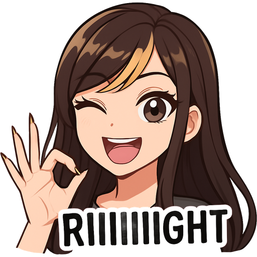 Really pretty girl with long in eyelashes, super long dark brown hair with blonde side swept bangs, making a sarcastic expression with wide eyes like yeah OK with a big smile well also mouthing the drawn out word RIIIIIIGHT , over dramatically winking one eye, and holding up the OK sign with her hand that has long stiletto fingernails