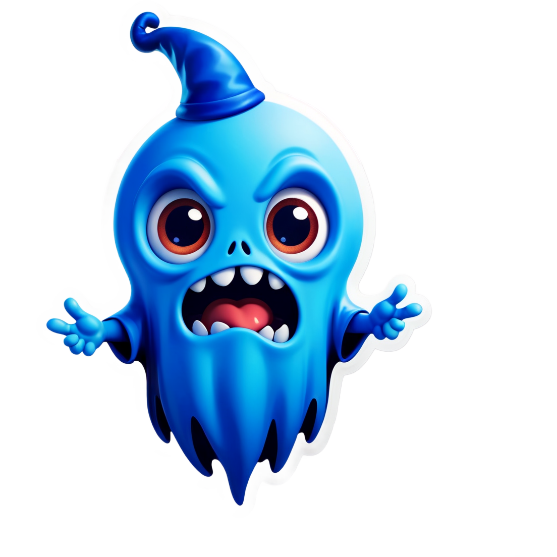 A cute 3D cartoon blue ghost with devil horns, big surprised eyes, open mouth, and hands on cheeks, floating in the air, on a plain white background