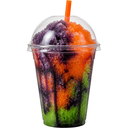 Halloween Shaved Ice Slushie in a Plastic Cup and Plastic Dome Lid with a Straw Mixed in with Extra Syrup