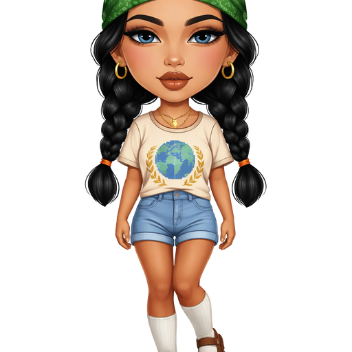 Granola Crunch With a Medium-Tan Cool Medium Beige Skin Tone and a Heart Shaped Lip Shape With a Cinnamon Brown Lipstick Set Up and a Midnight Blue Glow Eyeshadow with a Straight Eyebrow and a Downturned Eye Shape With a Long Face Shape and Black Hair in Two Braids with Orange Rubber Bands Wearing a Green Bandana with Classic Natural Eyelashes Wearing a Beige Shirt With Lining on the Neck-Line and the Sleeves and a Printed Picture of a Blue Globe Made out of Squares With Two Gold Laurels on Each Side Wearing Light Blue Denim Shorts Wearing Long White Socks and Brown Two Strap Sandals With a Mature Adult Toned Build and Luxury Glossy