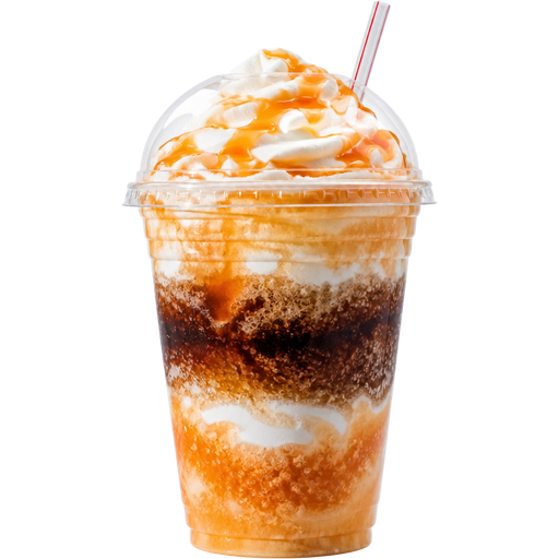 Peach Cobbler Fluffy Coke Soft Shaved Ice Slushie in a Plastic Cup and Plastic Dome Lid with a Straw Mixed in with Extra Syrup Mixed in with Marshmallow Cream and Vanilla Whipped Cream on Top and Coca Cola in the Middle
