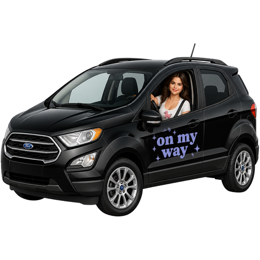 Black 2020 Ford Eco sport with a periwinkle decal on the driver door that says on my way, Selena Gomez is in the drivers seat wearing a poodle T-shirt showing off some small cute cleavage