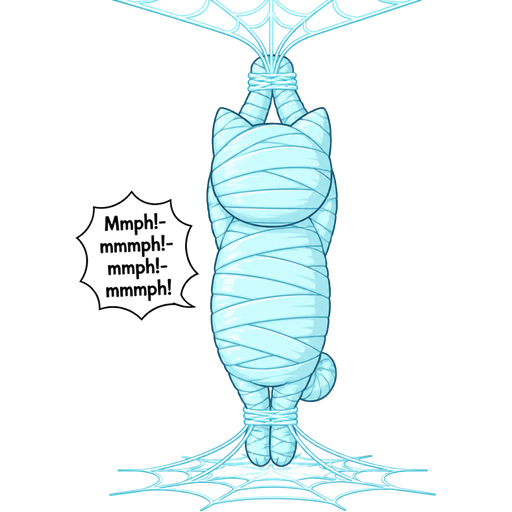 #B8FFFF mummified completely covered anthro cat shaped cocoon completely covered hanging on the ceiling by wrists tied up with #B8FFFF spider webs and ankles tied up with #B8FFFF spider webs on the floor Mmph!-mmmph!-mmph!-mmmph! happy tree friends style