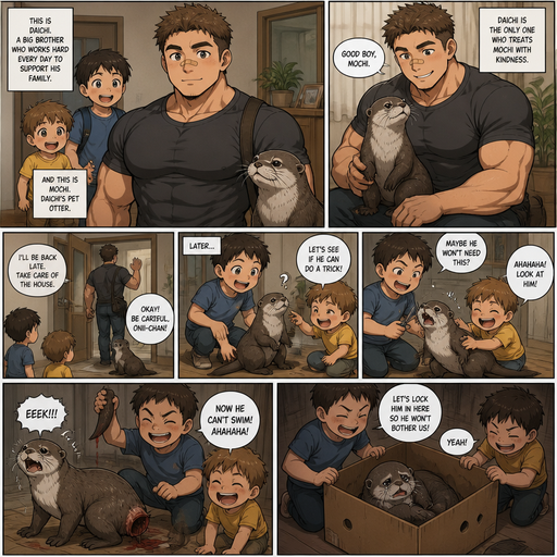 A DETAILED AND LIFELIKE ANIME Comic Book story view of a Bulky but Muscular ANIME Cute Bara Man With Peach toned skin Who looks Normal aind round facial Structure and Basic facial structure With Puffy and Big Pecs that are visible through the shirt and Biceps and Bandaid on his nose and Brown short hair that makes them look tough. Wearing normal With his pet Grown and healthy realistic otter and 2 little brothers that are in different ages but young. Big Brother is the only one that likes the otter and when he leaves, the otter just sits there and looks at them. Later, when the big brother isn’t home. the otter loses his tail from The little brothers. they laugh and locked the otter in a box.