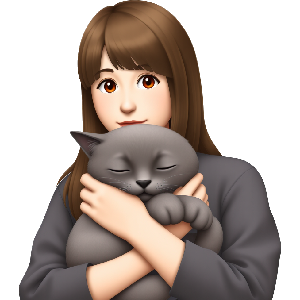 Teenage Girl with brown hair, side bangs and cherry red emo highlights holding a sleeping big grey cat
