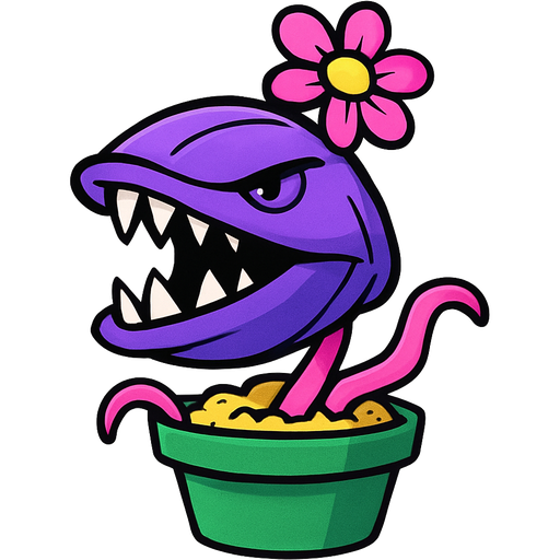 purple clam with pink flower petals sharp teeth pink stem in a green flower pot with yellow dirt pink tentacles sticking out of some cracks