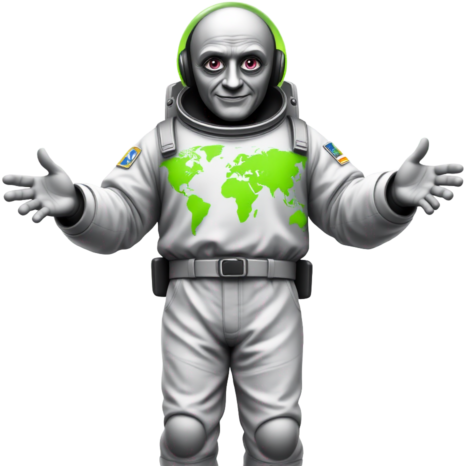 Galactic Grandpa in a shimmering spacesuit, freshly gulped down a neon green pill, morphs into a towering alien figure. His oversized tee displays an interstellar map. As he extends his arms for a cosmic hug, holographic symbols swirl around him, spelling out a cryptic message from the stars.