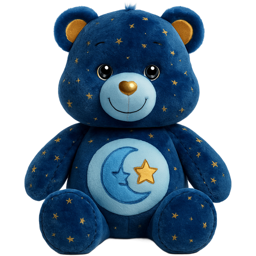 Bedtime Dark Blue Velvet mixed with light light blue Care Bear with a blue moon and yellow star on its stomach Covered in gold Stars and gold on the inside of the ears with a gold heart nose