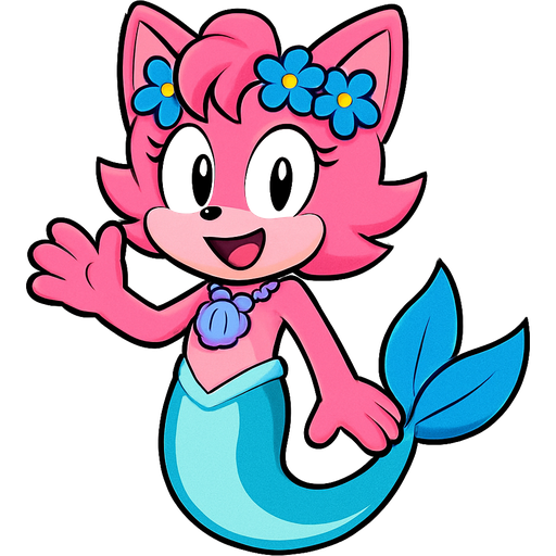 Male pink anthro cat with pink hair blue flower crown with light purple shell necklace long cyan and white mermaid tail with blue fins sonic x style